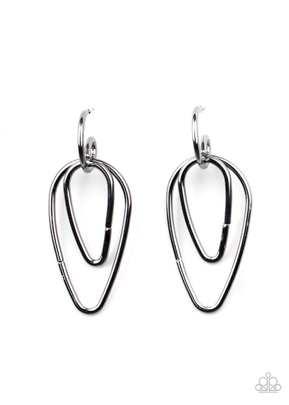 Droppin Drama - Black / Gunmetal Earrings - Paparazzi Accessories - A squiggly gunmetal bar curls around the tops of two teardrop gunmetal frames, creating an abstract hoop. Earring attaches to a standard post fitting. Hoop measures approximately 3/4" in diameter. Sold as one pair of hoop earrings.