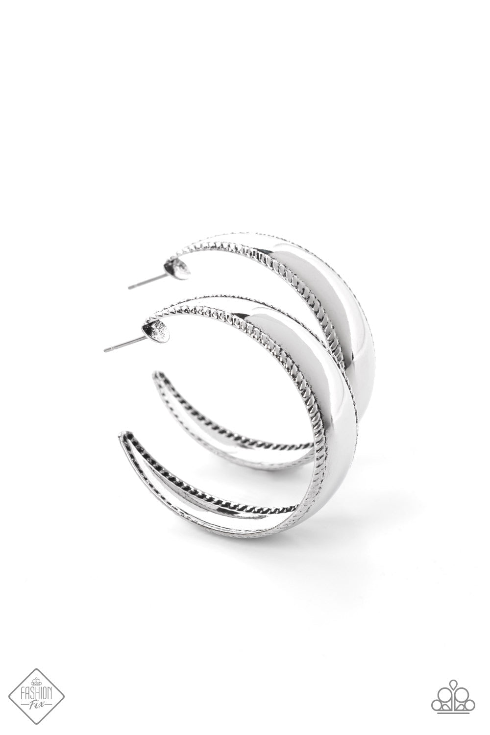 Dune Dynasty - Silver Hoop Fashion Earrings - Paparazzi Accessories - A wide smooth silver bar bordered in rope-like texture curls into a simple hoop earring, resulting in a high-sheen statement piece designed to dazzle. Earring attaches to a standard post fitting. Hoop measures approximately 1 1/2" in diameter. 