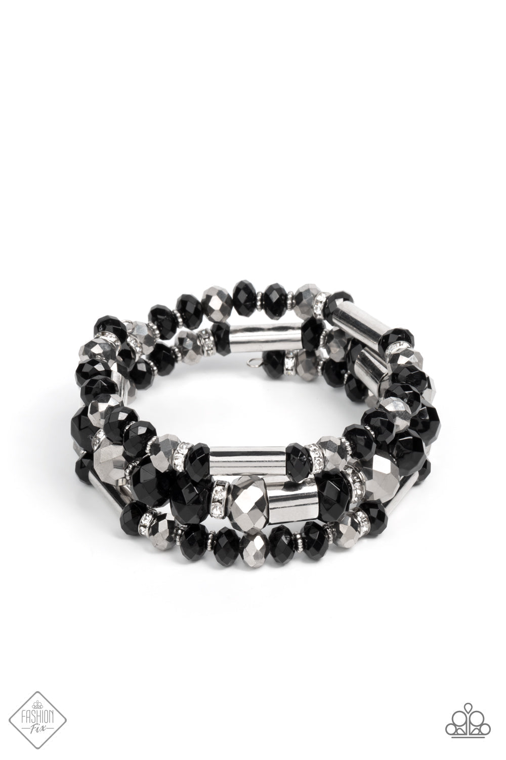 Dynamic Dazzle - Black and Silver - Infinity Wrap Bracelet - Paparazzi Accessories - Stacks of black and silver faceted beads, interspersed with silver cylindrical accents and rhinestone-encrusted beads, are threaded along an infinity wrap-style bracelet making an intensely dynamic statement around the wrist.  Sold as one individual bracelet.