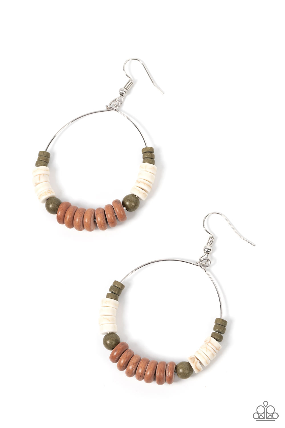 Earthy Esteem - Brown and Green Earrings - Paparazzi Accessories - Featuring round and disc shapes, an earthy assortment of white, brown, and green stones glides along a dainty wire hoop for an artisan inspired aesthetic. Earring attaches to a standard fishhook fitting. Sold as one pair of earrings.