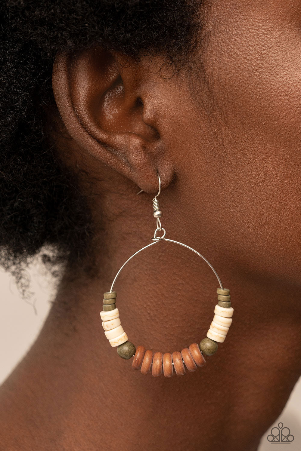 Earthy Esteem - Brown and Green Earrings - Paparazzi Accessories - Featuring round and disc shapes, an earthy assortment of white, brown, and green stones glides along a dainty wire hoop for an artisan inspired aesthetic.