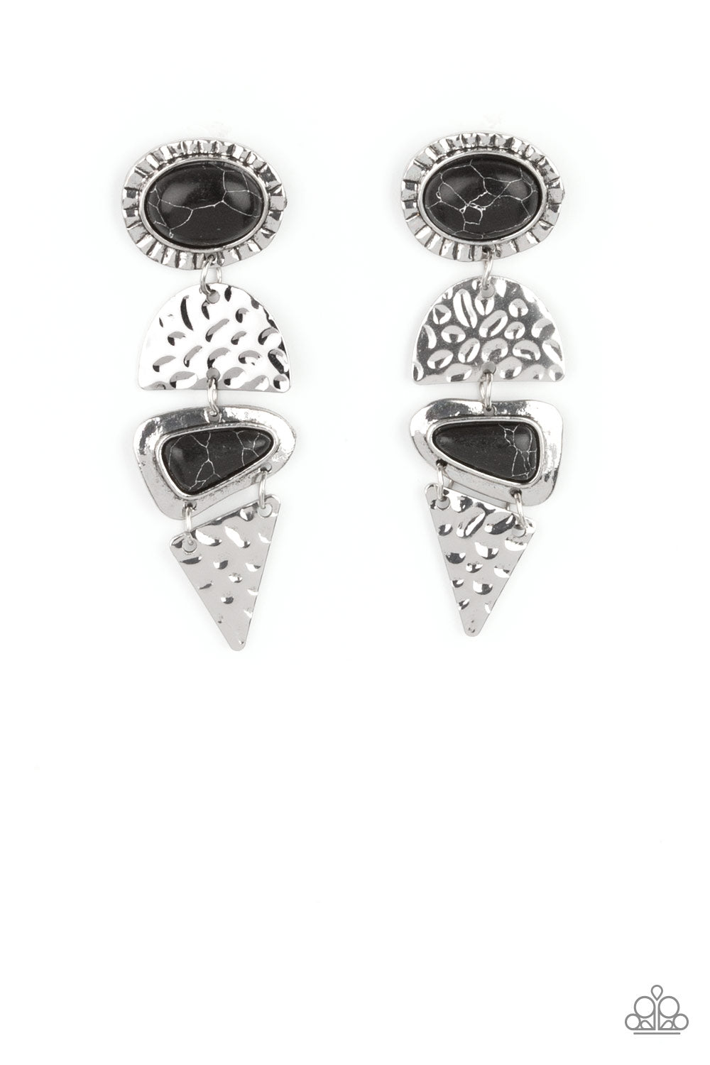 Earthy Extravagance - Black Stone - Silver Post Earrings - Paparazzi Accessories - Oval and triangular black stone accents, mismatched silver frames alternate with hammered geometric silver plates, creating an elegantly earthy lure. Earring attaches to a standard post fitting.  Bejeweled Accessories By Kristie - Trendy fashion jewelry for everyone -