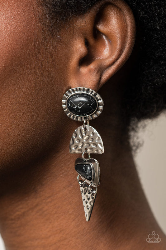 Earthy Extravagance - Black Stone - Silver Post Earrings - Paparazzi Accessories - Oval and triangular black stone accents, mismatched silver frames alternate with hammered geometric silver plates, creating an elegantly earthy lure. Earring attaches to a standard post fitting. Bejeweled Accessories By Kristie - Trendy fashion jewelry for everyone -