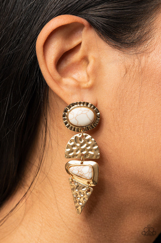 Earthy Extravagance - Gold - White Stone Earrings - Paparazzi Accessories - Dotted with oval and triangular white stone accents, mismatched gold frames alternate with hammered geometric gold plates, creating an elegantly earthy lure. Earring attaches to a standard post fitting. Sold as one pair of post earrings.