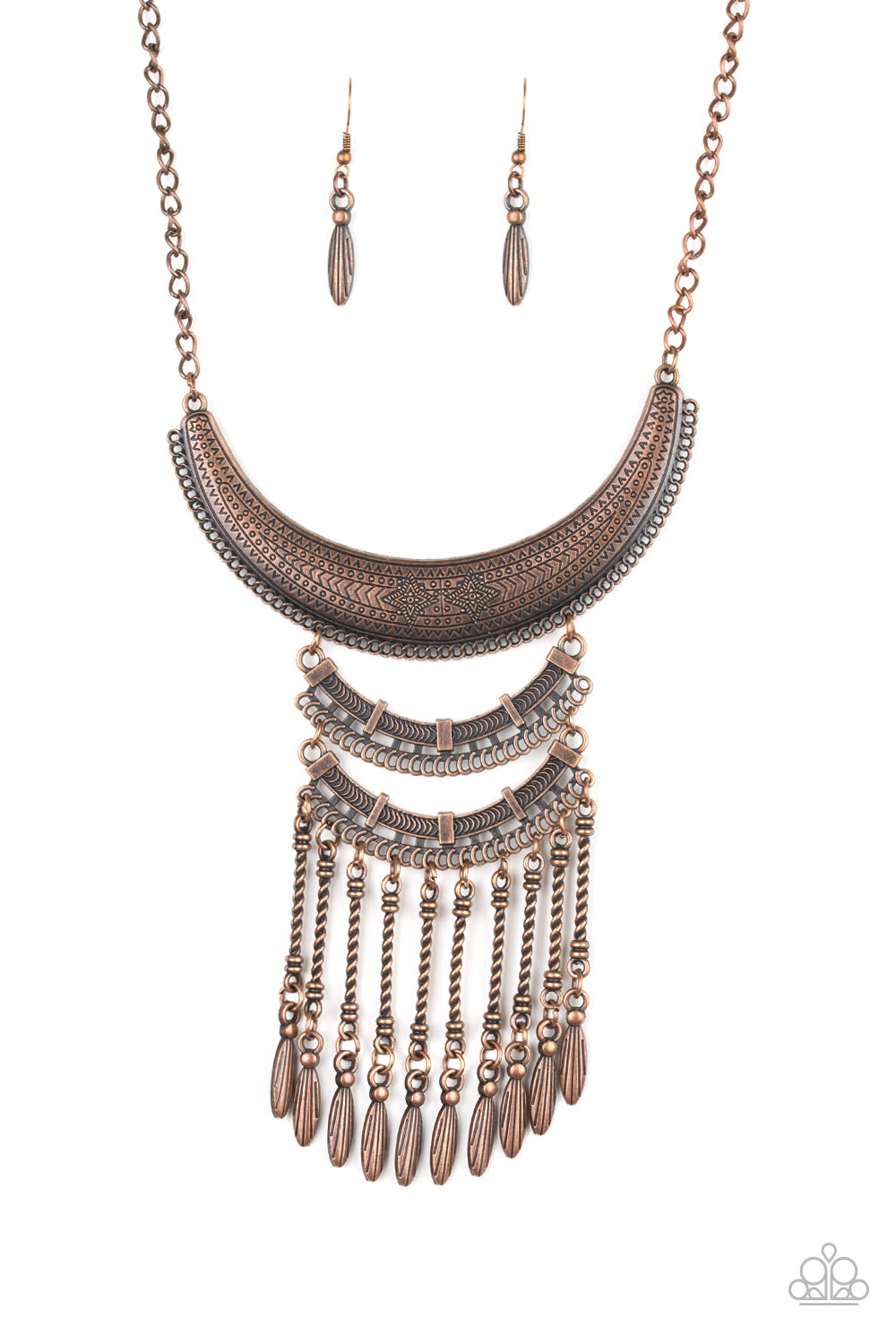 Eastern Empress Copper Necklace - Paparazzi Accessories - Stamped and embossed in tribal inspired patterns, three copper plates connect down the chest, creating a fiercely stacked pendant. Attached to twisted copper rods, ornate copper beads swing from the bottom of the lowermost plate, creating an eye-catching fringe. Features an adjustable clasp closure.