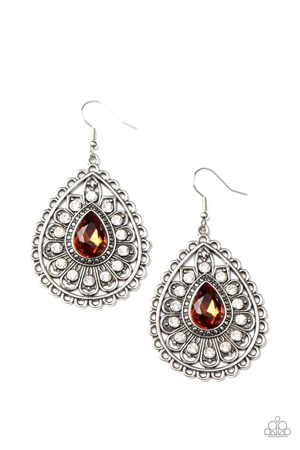 Eat, Drink, and BEAM Merry - Brown Topaz and Silver Earrings - Paparazzi Accessories - White rhinestone dotted silver petals flare out from a topaz teardrop rhinestone center, coalescing into a frilly frame. Earring attaches to a standard fishhook fitting. Sold as one pair of earrings.