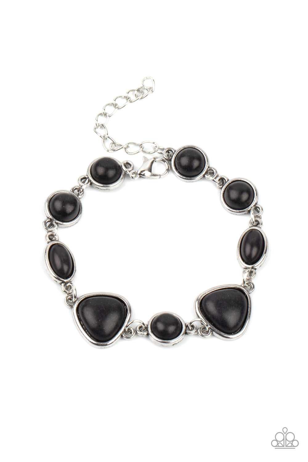 Eco-Friendly Fashionista - Black Stone - Silver Bracelet - Paparazzi Accessories - Encased in sleek silver frames, a collection of round, oval, and triangular black stones delicately link around the wrist for a one-of-a-kind look with an artisan feel. Features an adjustable clasp closure. Sold as one individual stylish earthy bracelet .