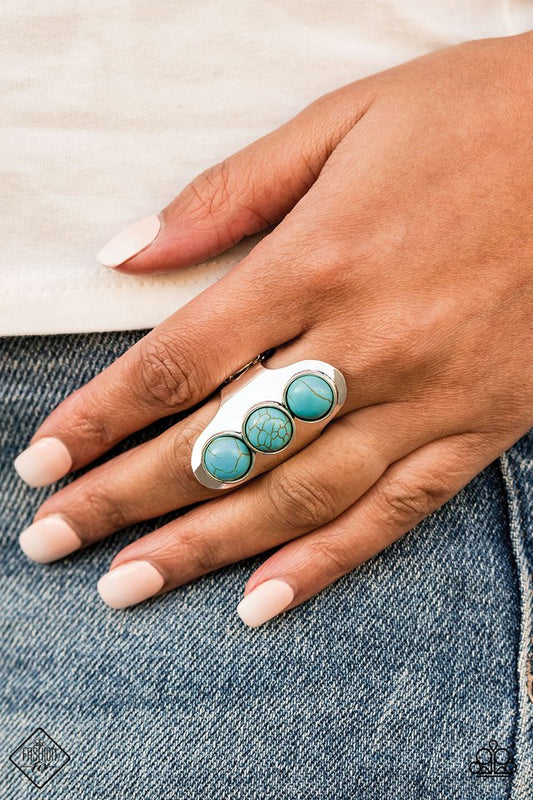 Eco Queen - Turquoise Stone and Silver Ring - Paparazzi Accessories - Trio of refreshing turquoise stones, an antiqued silver frame folds around the finger for artisanal look. Features a stretchy band for a flexible fit. Sold as one individual ring.