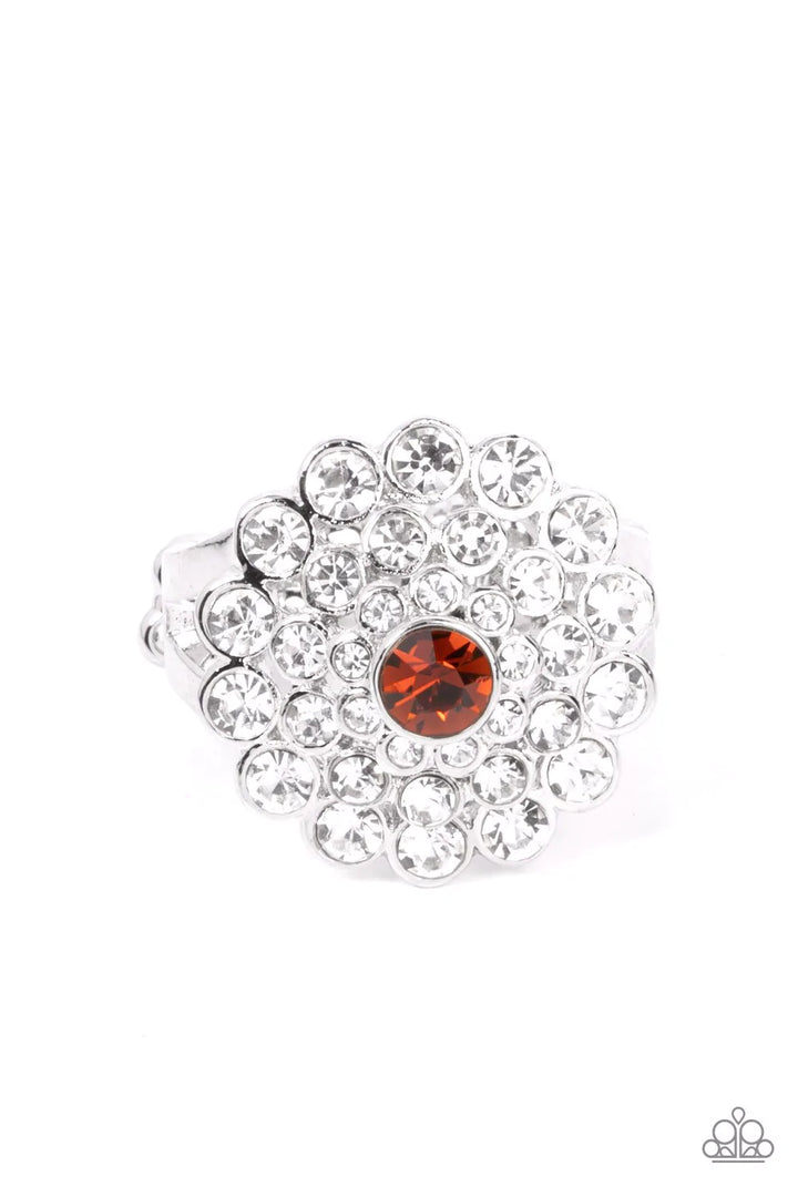 Effervescent Crescendo - Brown and Silver Ring - Paparazzi Accessories - Topped with a topaz rhinestone, rings of glassy white rhinestones stack into a stunning display of sparkle atop the finger.