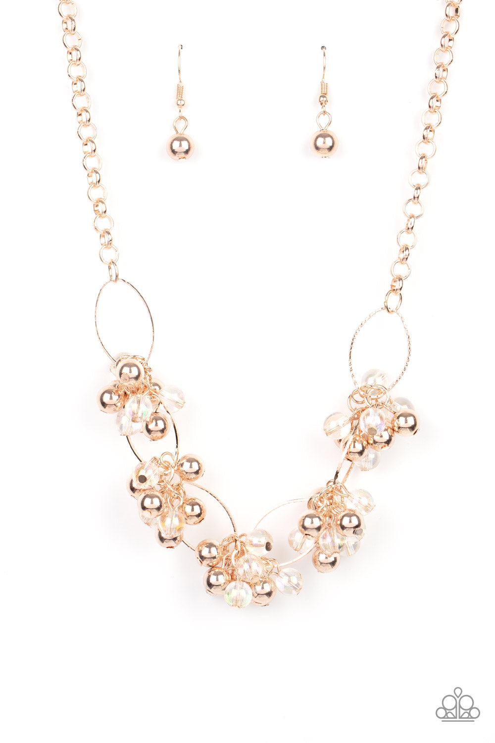 Effervescent Ensemble - Rose Gold and Iridescent Necklace - Paparazzi Accessories - Clusters of glassy iridescent and shiny rose gold beads link with textured rose gold ovals, creating a bubbly effervescence below the collar. Features an adjustable clasp closure. Sold as one individual necklace. Includes one pair of matching earrings.