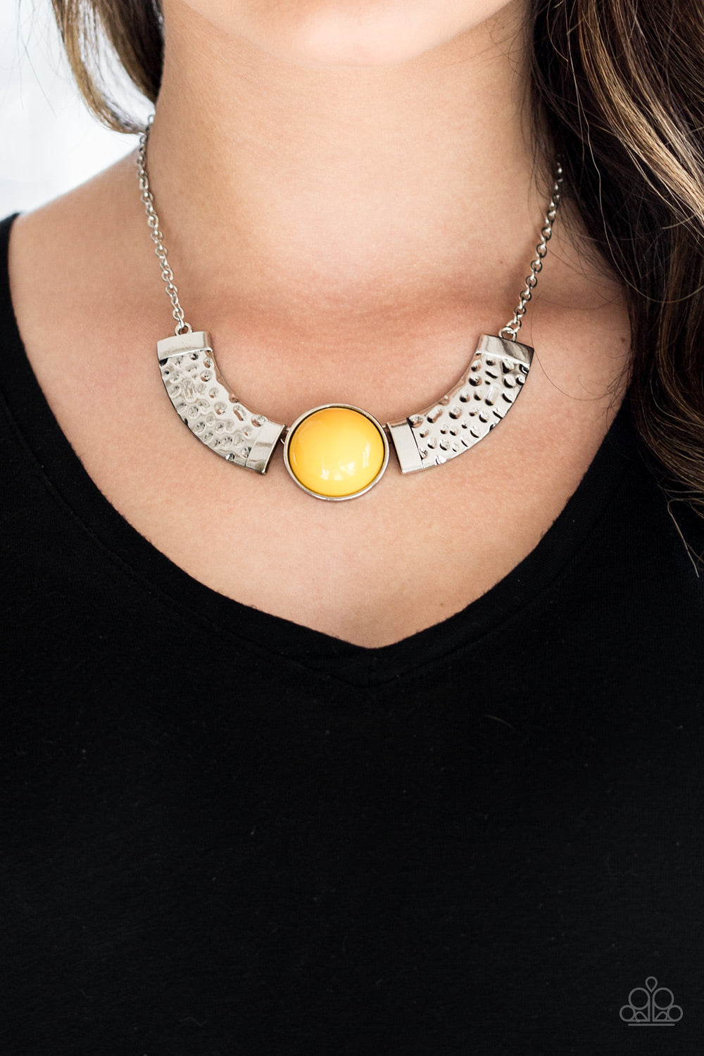 Egyptian Spell - Yellow and Silver Necklace - Paparazzi Accessories - Dramatic silver plates connect with a shiny yellow beaded center, creating an indigenous collar-like pendant. The shiny silver plates are delicately hammered, adding a flashy metallic texture to the tribal inspired palette. Features an adjustable clasp closure. 