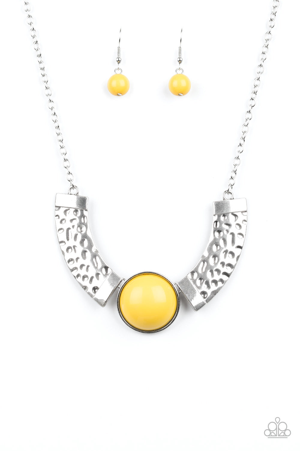 Egyptian Spell - Yellow and Silver Necklace - Paparazzi Accessories - Dramatic silver plates connect with a shiny yellow beaded center, creating an indigenous collar-like pendant. The shiny silver plates are delicately hammered, adding a flashy metallic texture to the tribal inspired palette. Features an adjustable clasp closure.
