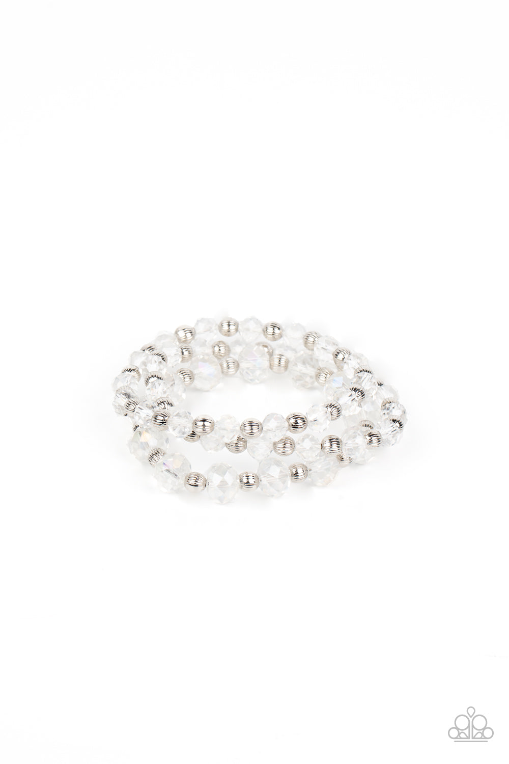 Eiffel Tower Tryst - White Iridescent Crystal Gem Bracelets - Paparazzi Accessories - 
Varying in size, an explosion of glassy iridescent crystal-like gems and ornate silver beads are threaded along stretchy bands around the wrist for a glamorous fashion.
Sold as one set of three bracelets.
