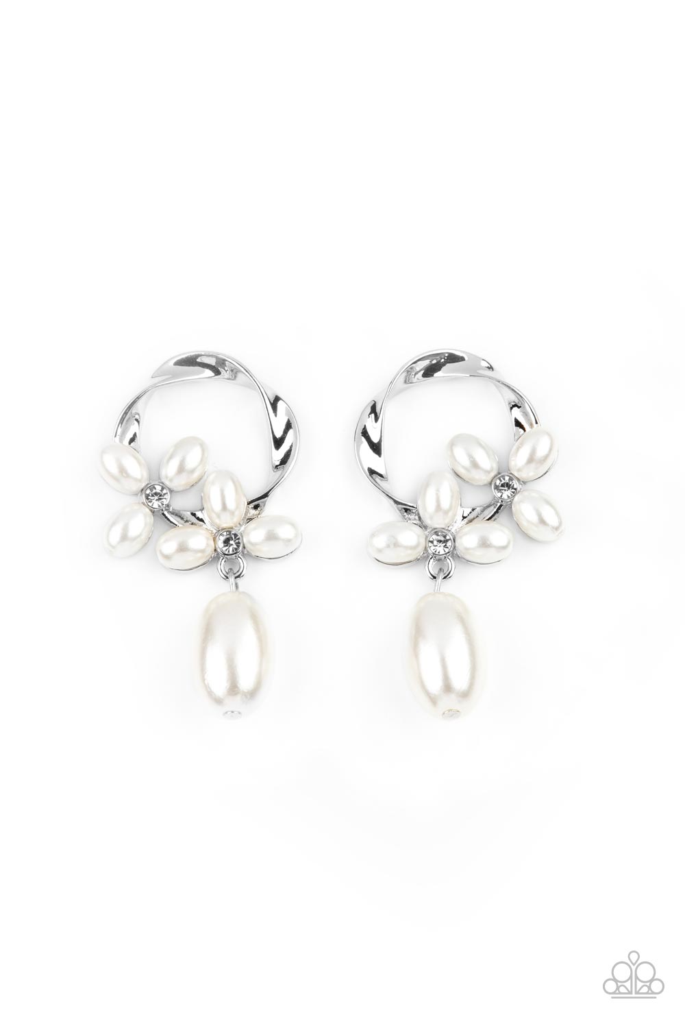 Elegant Expo - Silver & White Pearl Earrings - Paparazzi Accessories - An oversized oval pearl bead swings from the bottom of a twisted silver hoop that is embellished in oval white pearls and dainty white rhinestones, creating a vintage stylish earrings. Earring attaches to a standard post fitting. Sold as one pair of post earrings.