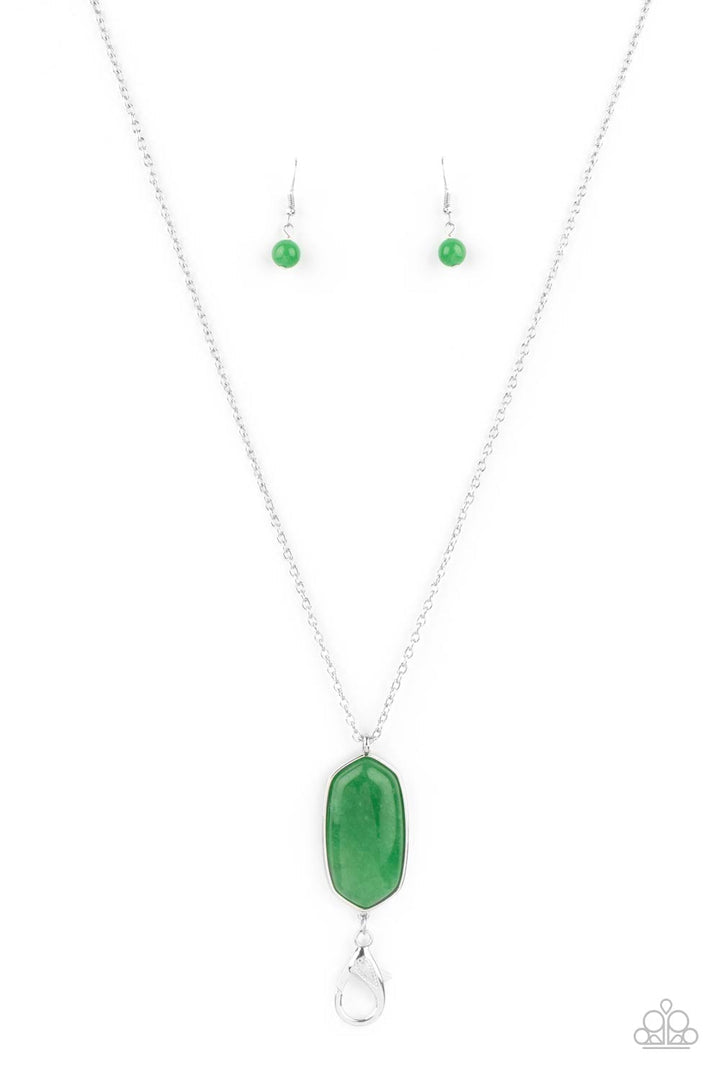 Elemental Elegance - Jade Green and Silver Lanyard Necklace  - Paparazzi Jewelry - Bejeweled Accessories By Kristie - A glassy jade stone swings from the bottom of a lengthened silver chain for an elegantly earthy look. A lobster clasp hangs from the bottom of the design to allow a name badge or other item to be attached.