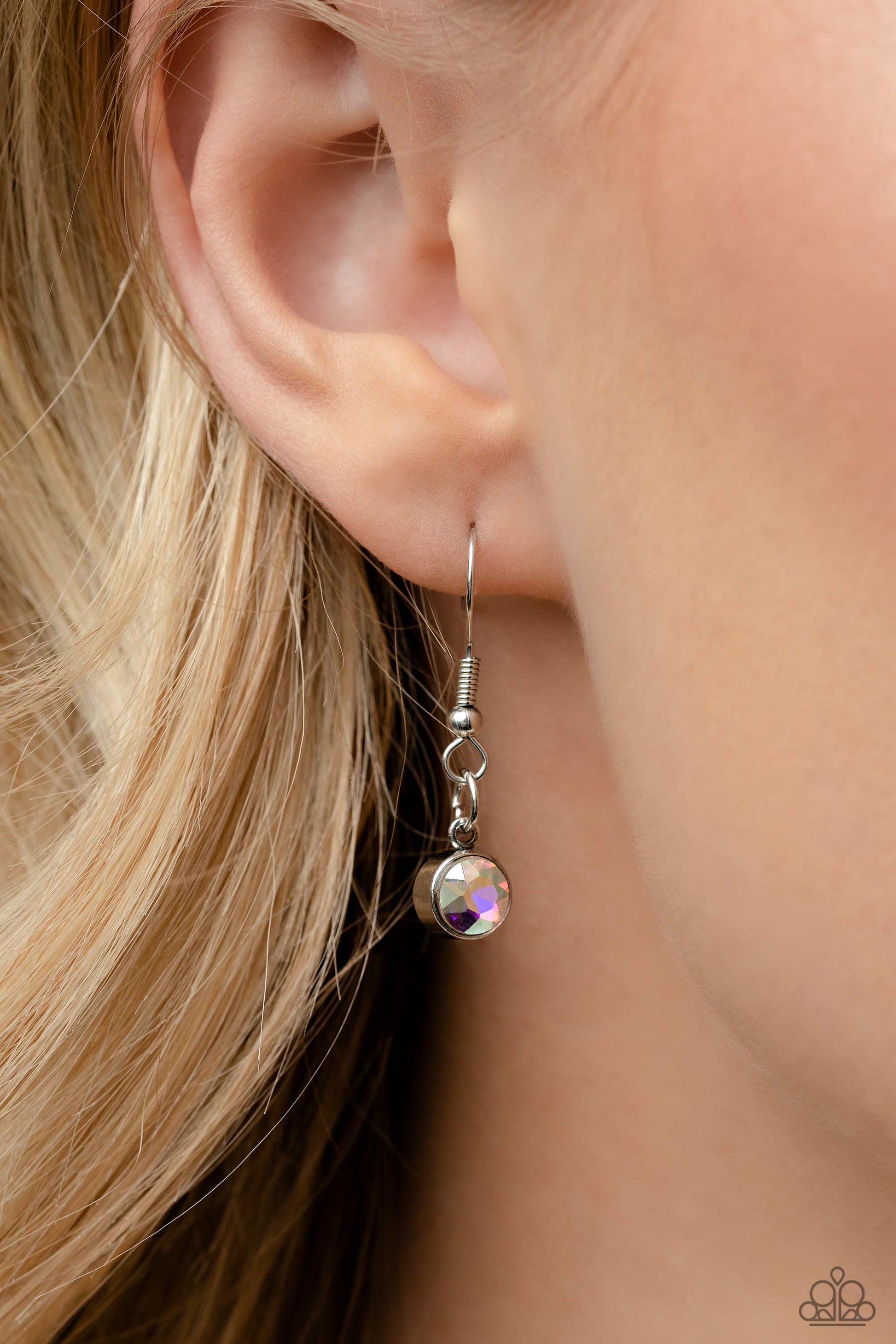 Elevated Edge - Multi Color and Silver Necklace - Paparazzi Accessories - A geometric collection of pink fuchsia, light blue, dark blue, and iridescent rhinestones, featured in square, teardrop, and round shapes coalesces down the neckline for a gritty, yet glamorous display necklace.