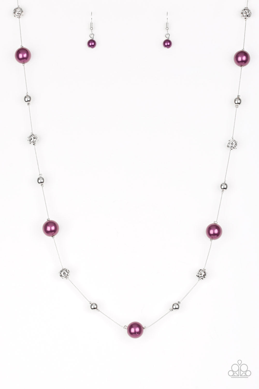 Eloquently Eloquent - Purple and Silver Necklace - Paparazzi Accessories - Infused with pearly purple accents, classic silver and delicately hammered silver beads trickle along an elegantly elongated silver chain for a refined stylish necklace. Bejeweled Accessories By Kristie 