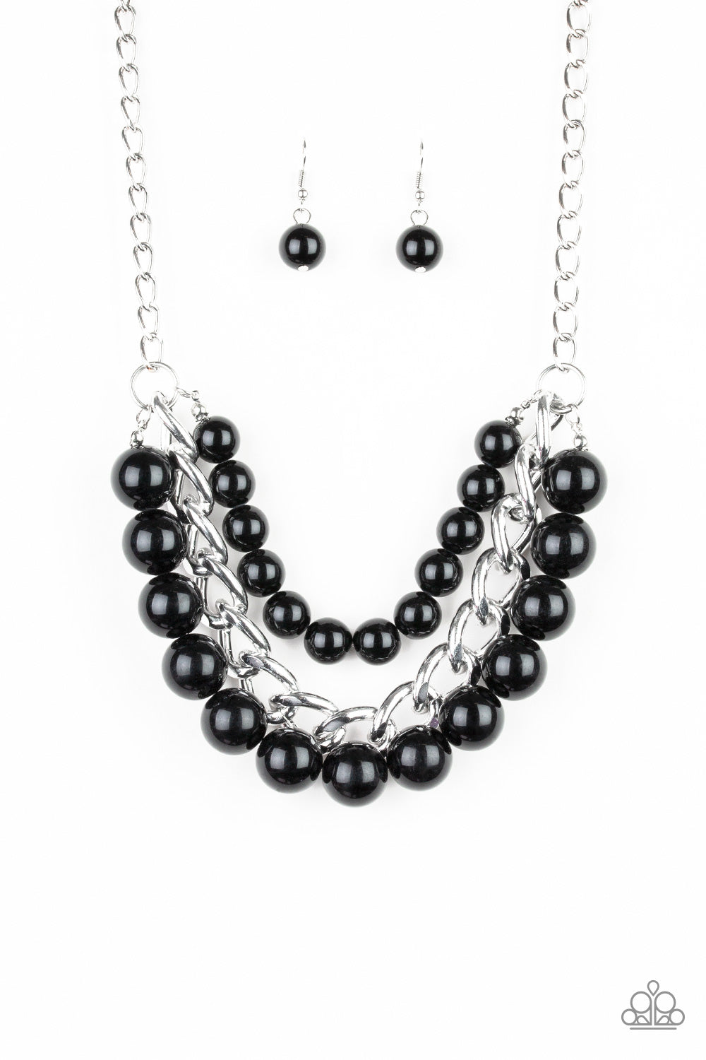 Empire State Empress - Black and Silver Necklace - Paparazzi Accessories - Two strands of dramatic black beads flank one strand of oversized silver chain, creating statement-making layers below the collar. Features an adjustable clasp closure. Sold as one individual necklace.