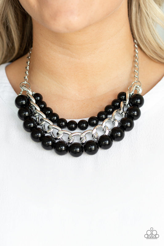 Empire State Empress - Black and Silver Necklace - Paparazzi Accessories - Two strands of dramatic black beads flank one strand of oversized silver chain, creating statement-making layers below the collar. Features an adjustable clasp closure. Sold as one individual necklace.