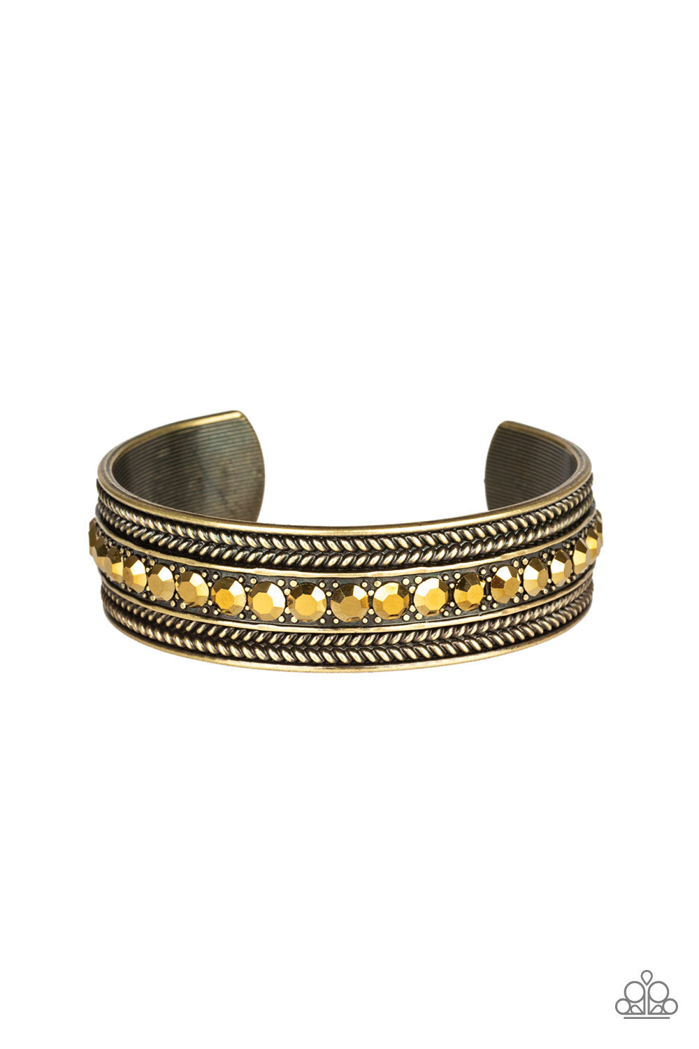 Empress Etiquette - Brass Cuff Bracelet - Paparazzi Accessories - A row of glittery aurum rhinestones are encrusted down the center of a studded brass cuff for an edgy look. Sold as one individual bracelet.