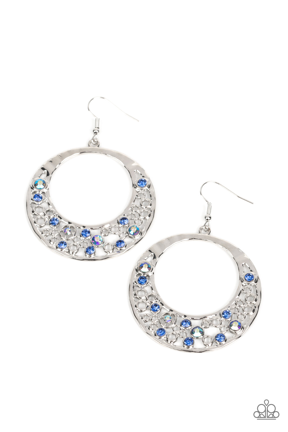Enchanted Effervescence - Blue Iridescent and Silver Earrings - Paparazzi Accessories - A glittery collection of blue and iridescent rhinestones joins with dainty silver circles along the bottom of a hammered silver frame, bubbling into an extravagant effervescence.
