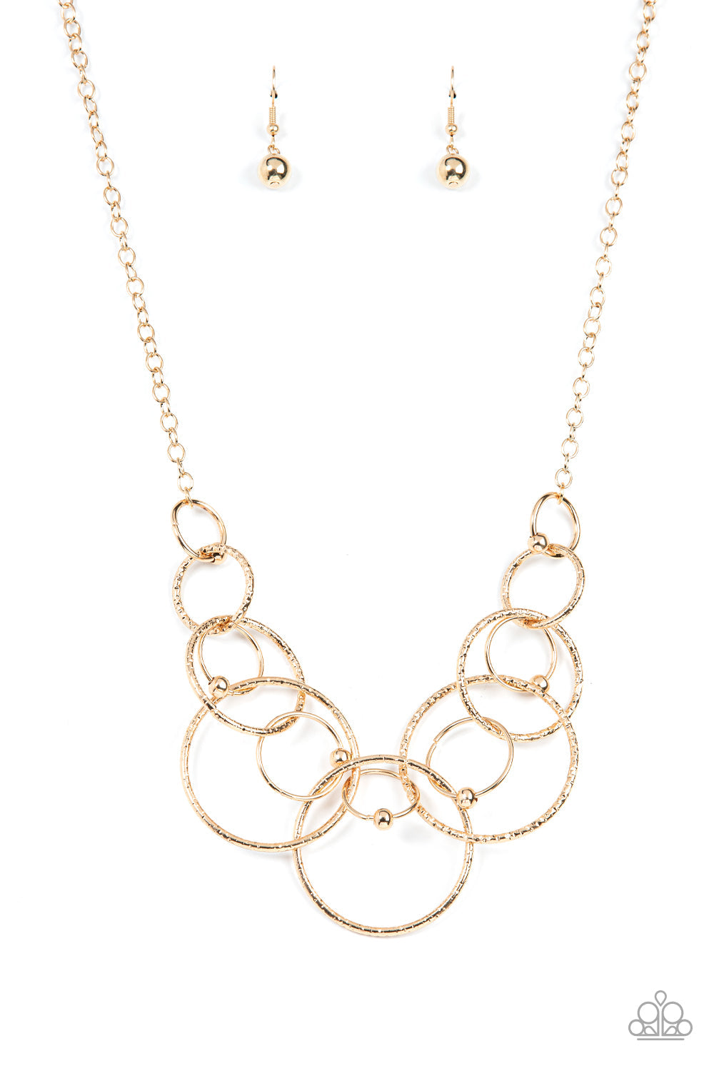 Encircled in Elegance - Gold Necklace - Paparazzi Accessories - Infused with dainty gold beads, shiny gold rings interlock with oversized and textured gold rings below the collar, resulting in a dizzying centerpiece necklace.