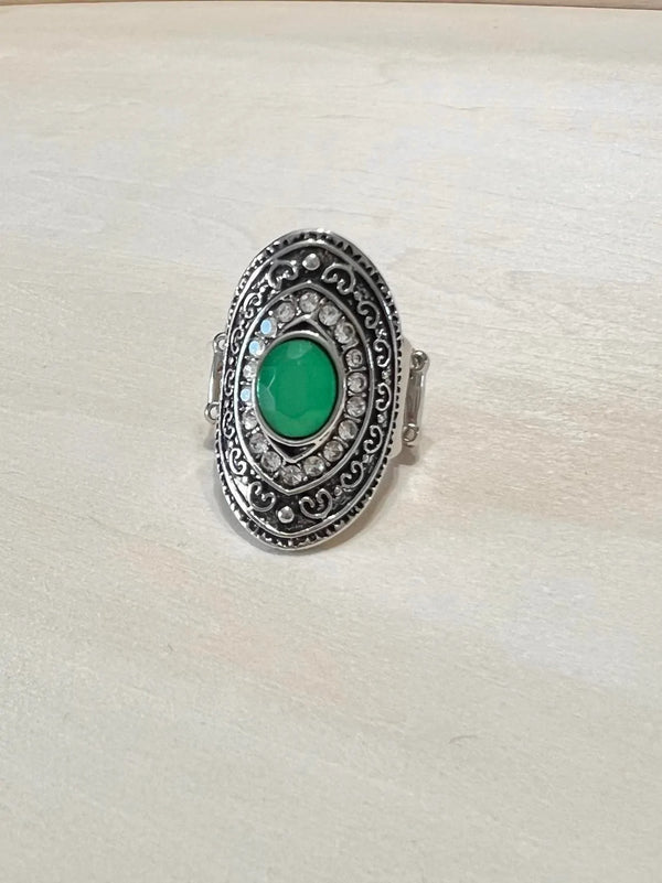 Entrancing Enchantment - Green and Silver Ring - Paparazzi Accessories Bejeweled Accessories By Kristie - Trendy fashion jewelry for everyone -