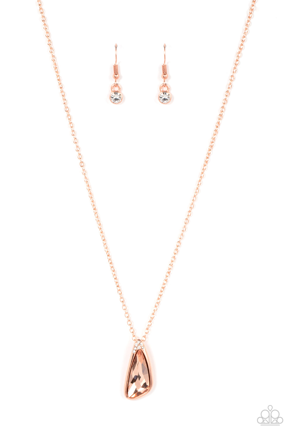 Envious Extravagance - Copper Gem Fashion Necklace - Paparazzi Accessories - An asymmetrical coppery gem is pressed into a shiny copper frame dusted in glassy white rhinestones, resulting in a refined pendant at the bottom of a dainty shiny copper chain. Features an adjustable clasp closure.