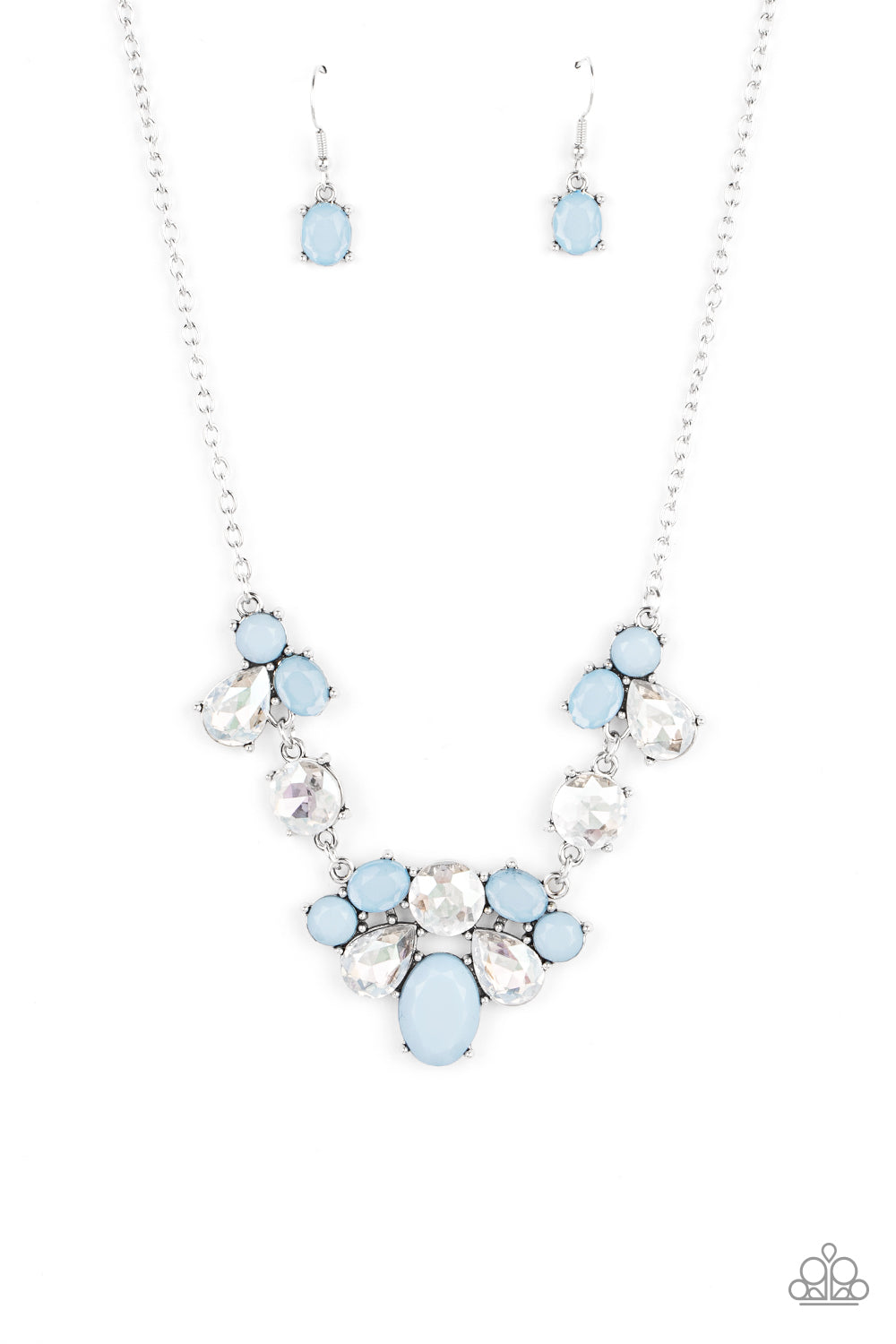 ​Ethereal Romance - Blue Beads - Rhinestones - Silver Necklace - Paparazzi Accessories - 
Varying in opacity and shape, mismatched Cerulean beads attach to oversized white rhinestones, creating bubbly frames that delicately link into an ethereal display below the collar. Features an adjustable clasp closure.
