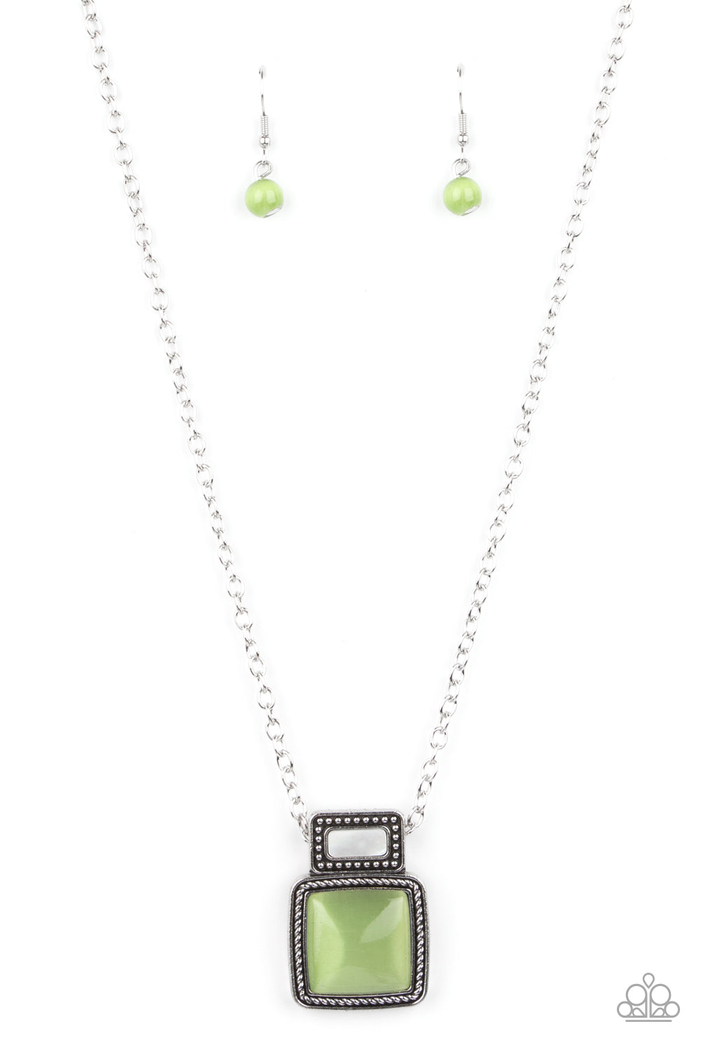 ​Ethereally Elemental - Green Cat's Eye Stone and Silver Necklace - Paparazzi Accessories - 
A shell-like accent is pressed into the center of a studded silver frame that sits atop a silver rope-like frame that is dotted with a square Green Ash cat's eye stone. The colorful pendant swings from a shiny silver chain, creating an ethereal pendant below the collar. Features an adjustable clasp closure.
