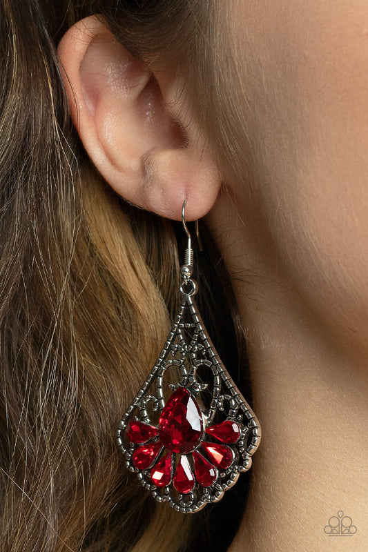 Exemplary Elegance - Red and Silver Earrings - Paparazzi Accessories - A sparkly collection of fiery red teardrop rhinestones fan out across the bottom of a textured filigree filled teardrop frame, creating an elegant centerpiece. Earring attaches to a standard fishhook fitting. Sold as one pair of earrings.