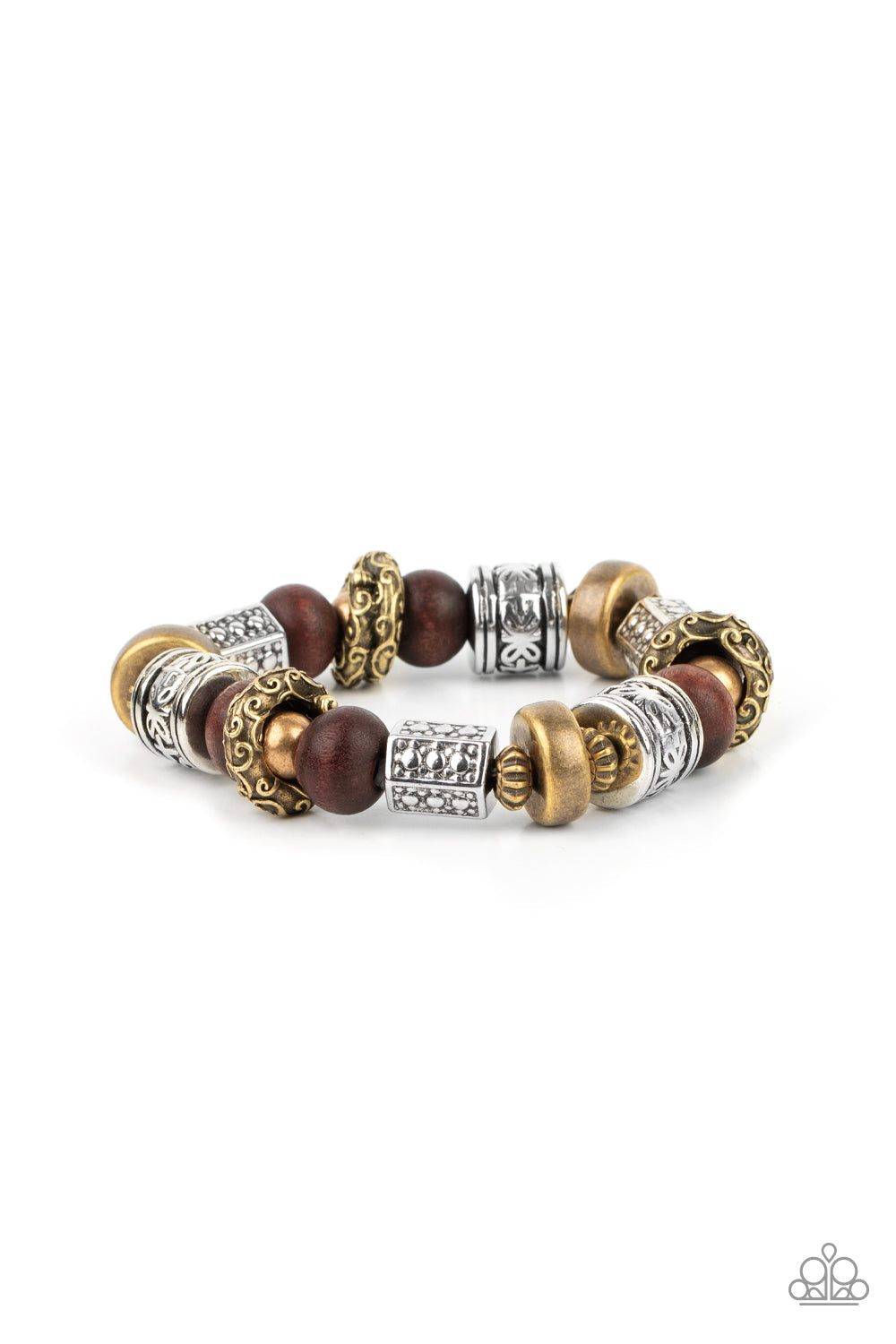 Exploring The Elements - Brass - Silver - Wood Beads - Stretchy Bracelet Multi Metal Bracelets Bejeweled Accessories By Kristie Featuring Paparazzi Jewelry - Trendy fashion jewelry for everyone -