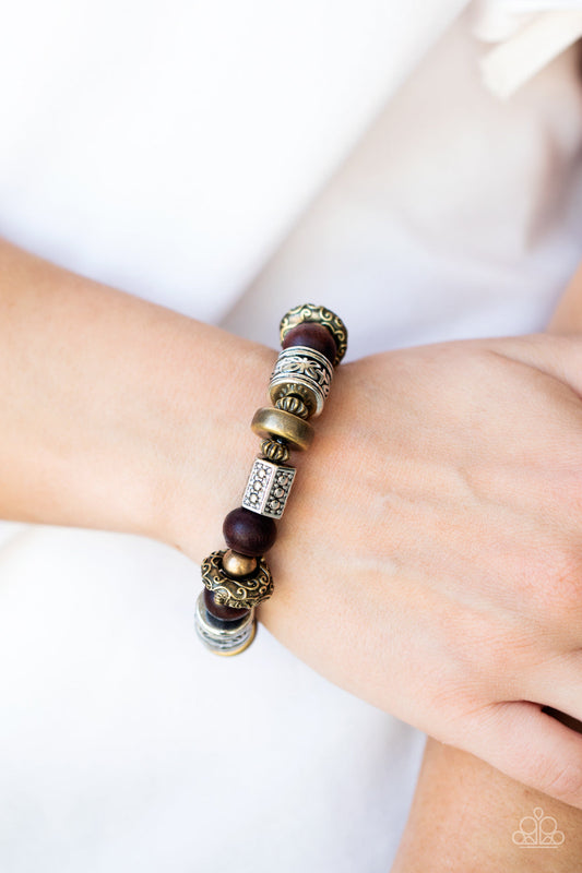 Exploring The Elements - Brass - Silver - Wood Beads - Stretchy Bracelet Multi Metal Bracelets Bejeweled Accessories By Kristie Featuring Paparazzi Jewelry - Trendy fashion jewelry for everyone -