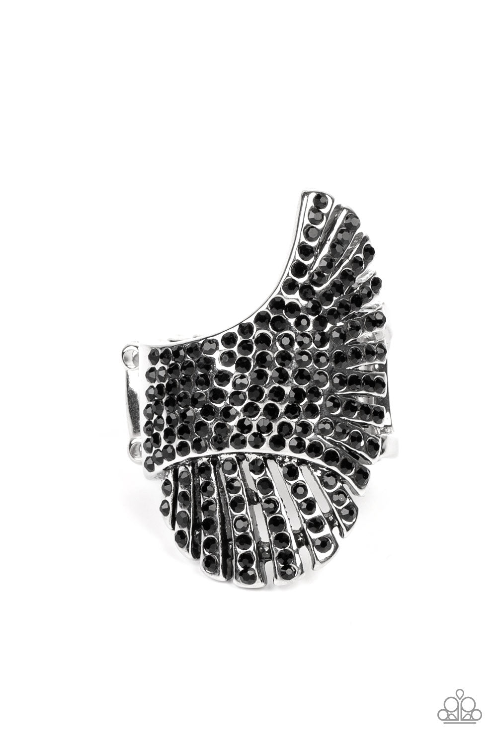 Express Your-SELFIE - Black Ring - Paparazzi Accessories - Dainty black rhinestones are sprinkled across pillared silver frames that asymmetrically overlap across the center of the finger, culminating into an expressive shimmer. Features a stretchy band for a flexible fit. Sold as one individual ring.