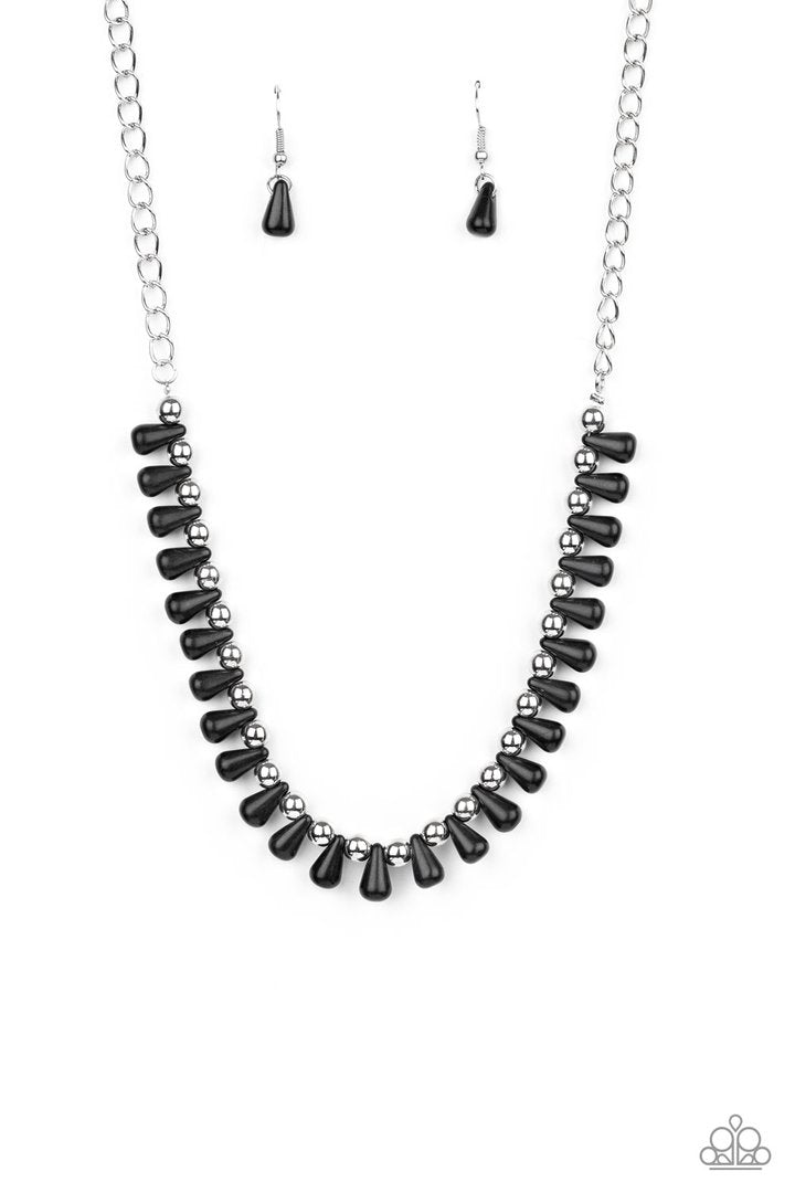 Extinct Species - Black and Silver Necklace - Paparazzi Accessories - Black teardrop stones and classic silver beads are threaded along an invisible wire. The earthy beads alternate below the collar, creating a wild fringe. Features an adjustable clasp closure. Sold as one individual necklace.
