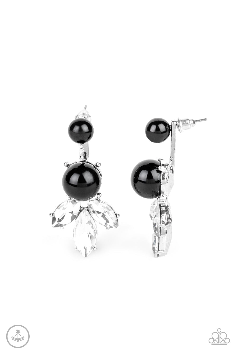 Extra Elite - Black and Silver Fashion Earrings - Paparazzi Accessories - A solitaire black bead attaches to a double-sided post, designed to fasten behind the ear. Infused with an oversized black bead and white rhinestone fringe, the double sided-post peeks out beneath the ear for a glamorous finish. Earring attaches to a standard post fitting fashion earrings.