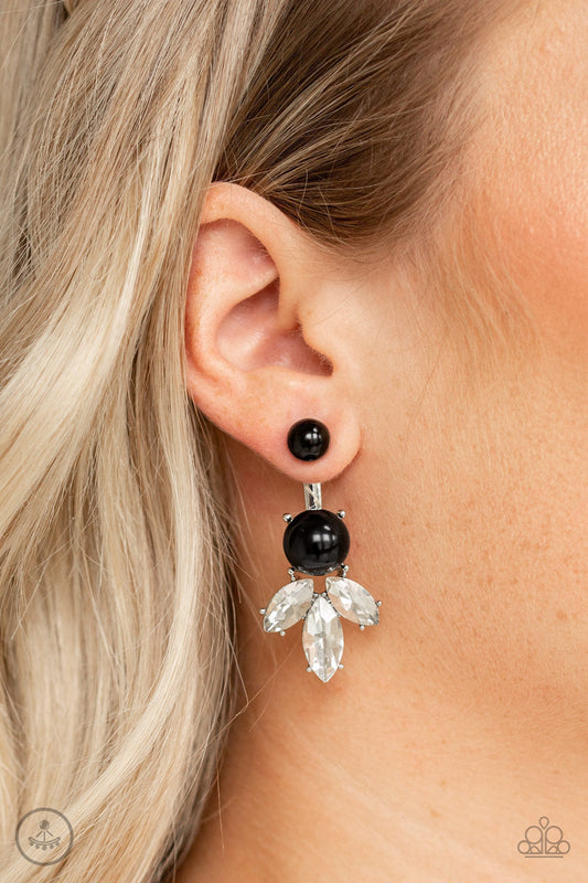 Extra Elite - Black and Silver Earrings - Paparazzi Accessories - A solitaire black bead attaches to a double-sided post, designed to fasten behind the ear. Infused with an oversized black bead and white rhinestone fringe, the double sided-post peeks out beneath the ear for a glamorous finish. Earring attaches to a standard post fitting.