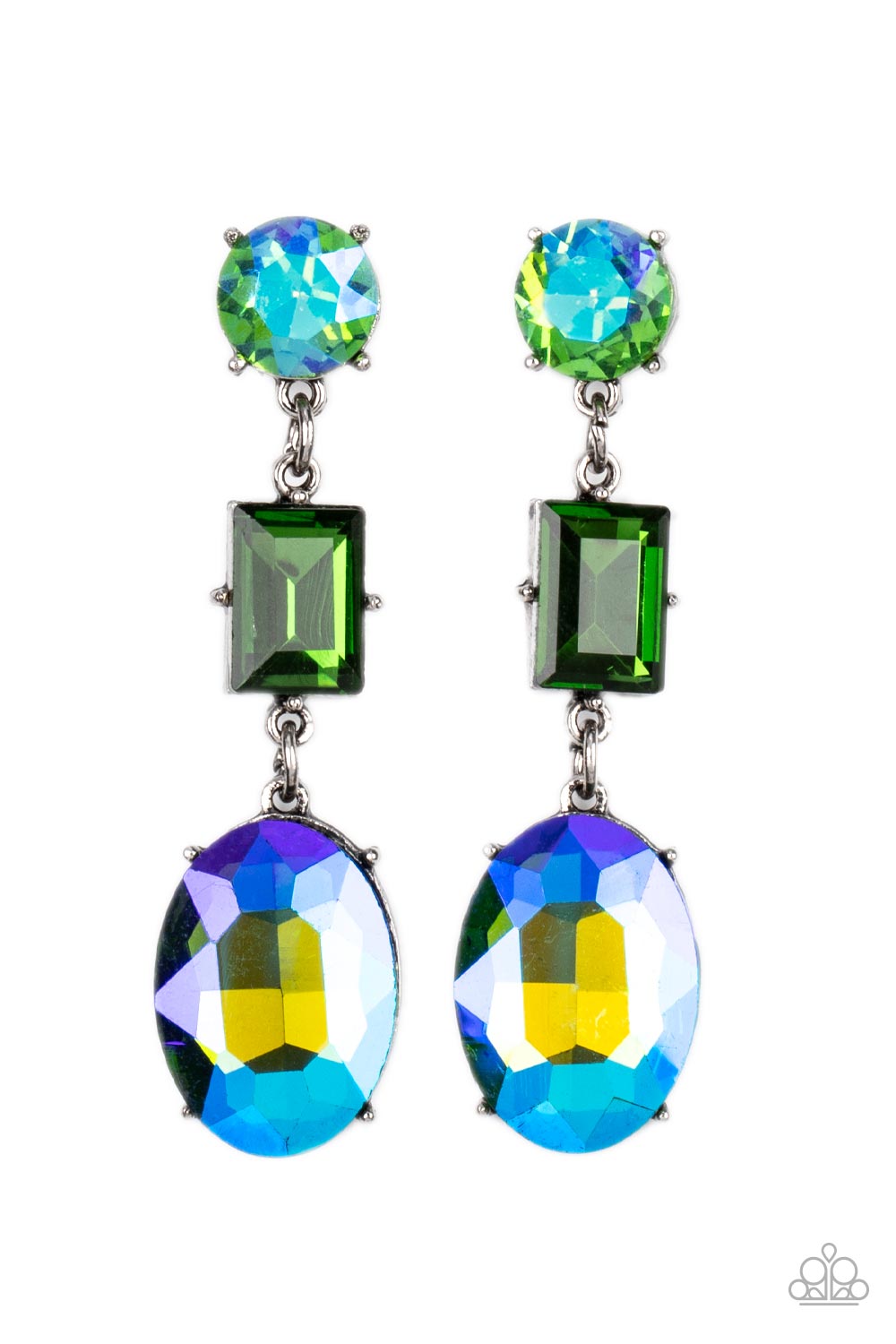 Extra Envious - Green and Blue Gem Earrings - Paparazzi Accessories - Featuring flashy UV finishes, a classic round green, emerald cut green, and blue oval gem glamorously link into a jaw-dropping lure. Earring attaches to a standard post fitting.