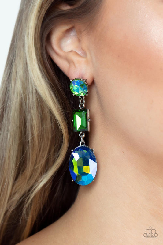 Extra Envious - Green and Blue Gem Earrings - Paparazzi Accessories - Featuring flashy UV finishes, a classic round green, emerald cut green, and blue oval gem glamorously link into a jaw-dropping lure. Earring attaches to a standard post fitting.