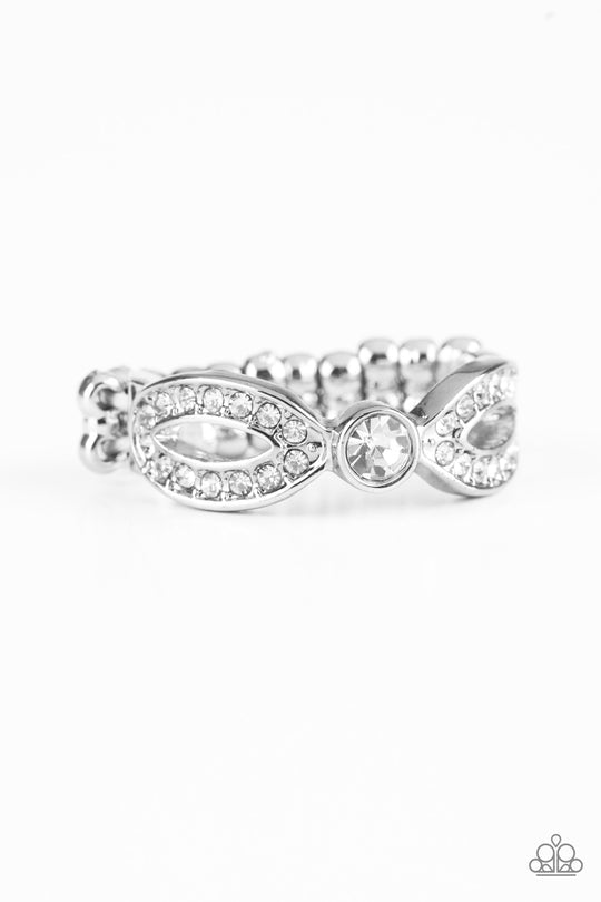 Extra Side of Elegance - White and Silver Fashion Ring - Paparazzi Accessories - Glassy white rhinestones, glistening silver ribbons loop away from a dazzling white rhinestone center for a refined look. Features a dainty stretchy band for a flexible fit. Bejeweled Accessories By Kristie - Trendy fashion jewelry for everyone -