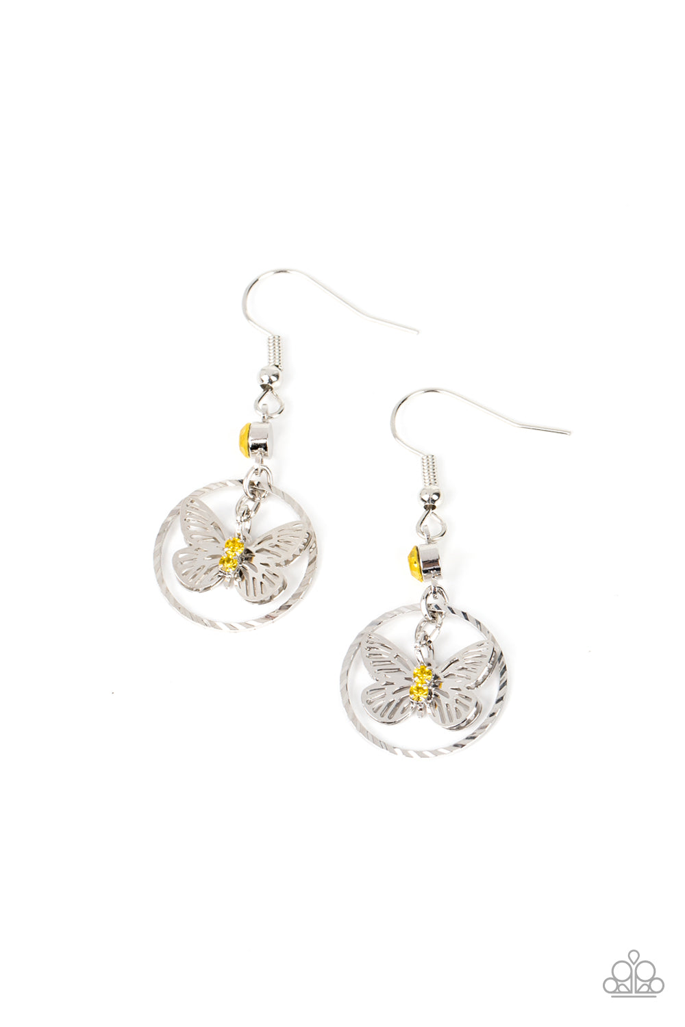 Fabulous Flutter - Yellow Butterfly and Silver Earrings - Paparazzi Accessories - Glassy yellow rhinestones, a dainty silver butterfly flutters inside of a textured silver hoop at the bottom of a solitaire yellow rhinestone for an enchanting fashion. Earring attaches to a standard fishhook fitting.