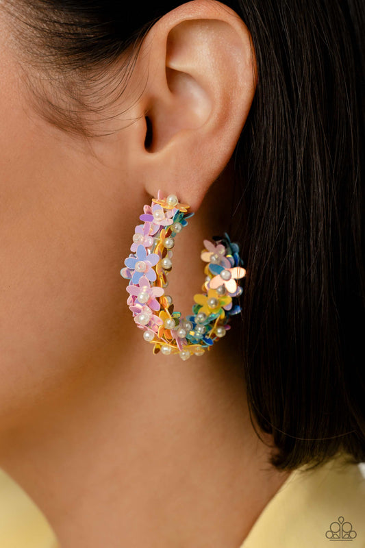 Fairy Fantasia - Multi Color Floral Hoop Earrings - Paparazzi Accessories - A floral explosion, encompassing the entirety of a thick silver hoop, features reflective light blue, pink, and yellow flowers dotted with dainty pearl centers for a dreamy, whimsicality below the ear. Earring attaches to a standard post fitting. Hoop measures approximately 1 1/2" in diameter.