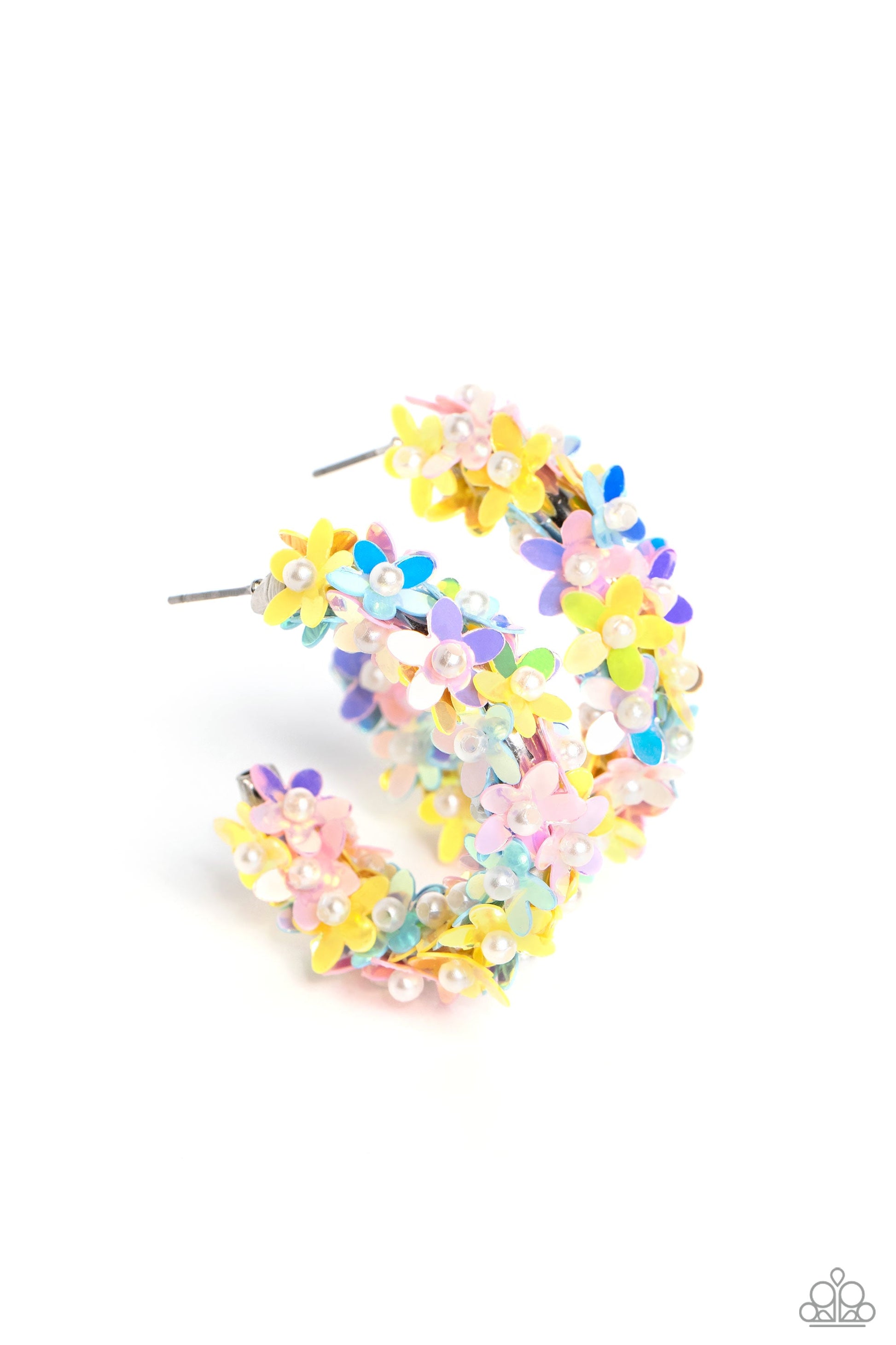Fairy Fantasia - Multi Color Floral Hoop Earrings - Paparazzi Accessories - A floral explosion, encompassing the entirety of a thick silver hoop, features reflective light blue, pink, and yellow flowers dotted with dainty pearl centers for a dreamy, whimsicality below the ear. Earring attaches to a standard post fitting. Hoop measures approximately 1 1/2" in diameter.