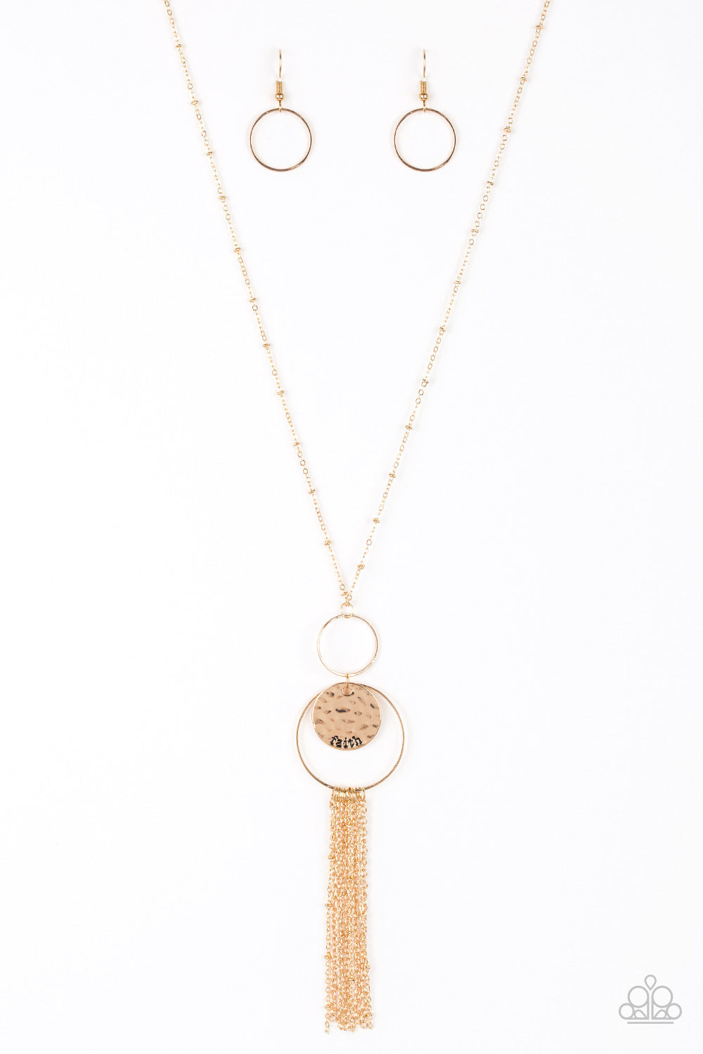 Faith Makes All Things Possible - Gold Necklace - Paparazzi Accessories - A delicately hammered gold disc is stamped in the inspirational word, "faith" and suspended from a double-hooped pendant at the bottom of an elongated gold satellite chain. A gold tassel swings from the bottom of the shimmery palette for a whimsical finish. Features an adjustable clasp closure. Sold as one individual necklace.