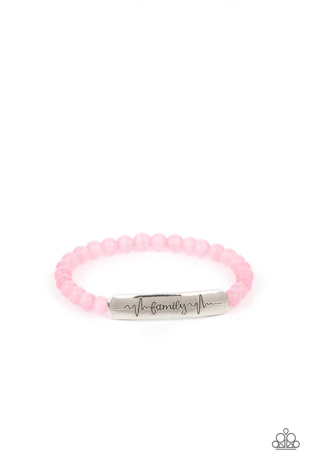Family is Forever - Pink Cat's Eye Stone and Silver - Bracelet - Paparazzi Accessories - Stamped in heartbeats and the word, "Family," a shiny silver plate attaches to a strand of pink cat's eye stone beads that are threaded along a stretchy band, creating a whimsically sentimental centerpiece around the wrist - Bejeweled Accessories By Kristie - Trendy fashion jewelry for everyone -
