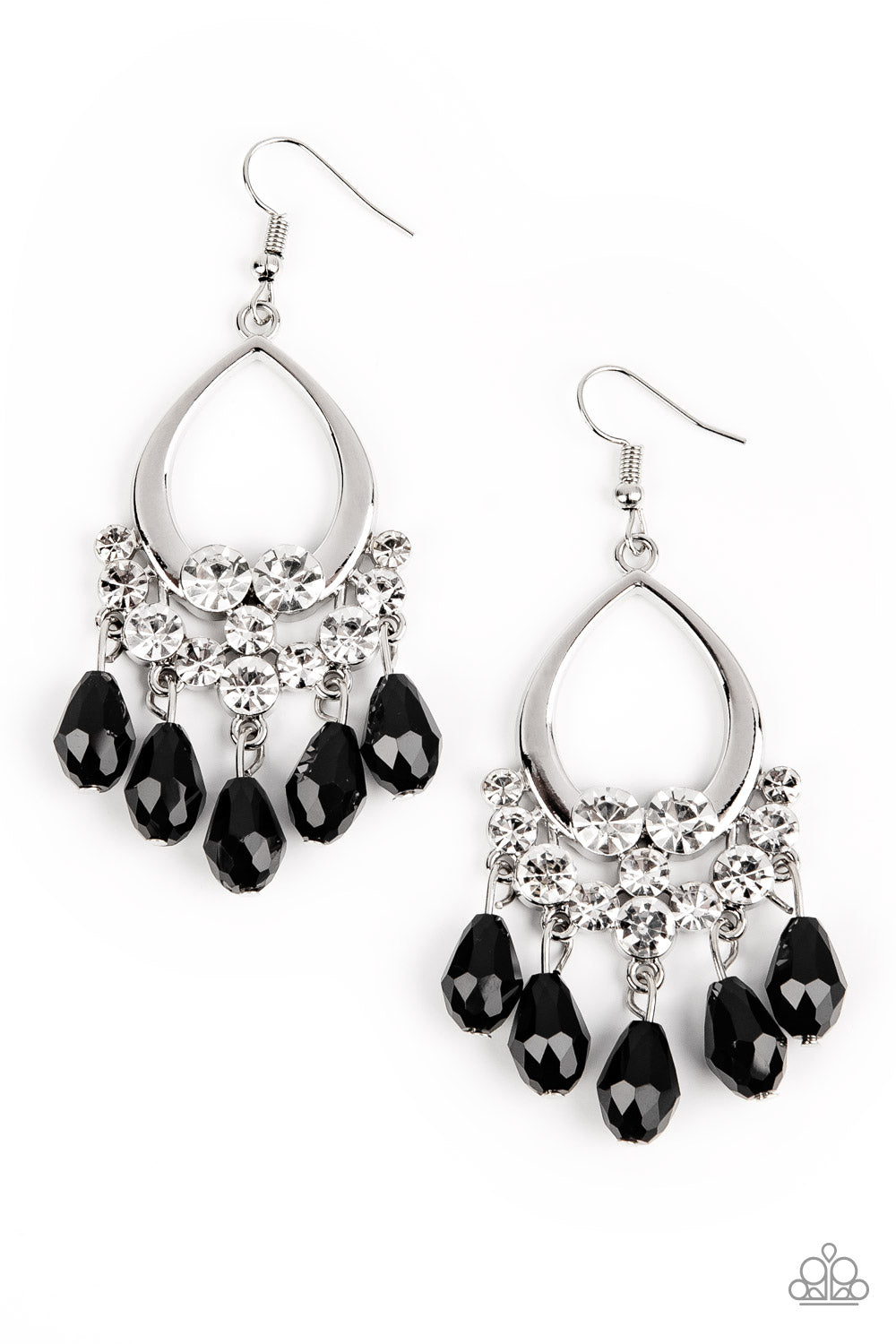 Famous Fashionista - Black Teardrop Gem - Silver Earrings - Paparazzi Accessories - Faceted black teardrop gems cascade from a collection of bubbly white rhinestones at the bottom of a shiny silver teardrop frame, creating a glamorous fringe. Earring attaches to a standard fishhook fitting. Sold as one pair of earrings.
