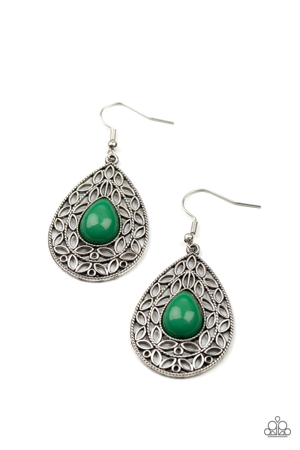 Fanciful Droplets - Green and Silver Earrings - Paparazzi Accessories - Fanciful teardrop frames filled with a charming leaf motif filigree envelop a bright Leprechaun teardrop bead creating a captivating lure. Earring attaches to a standard fishhook fitting. Sold as one pair of earrings.