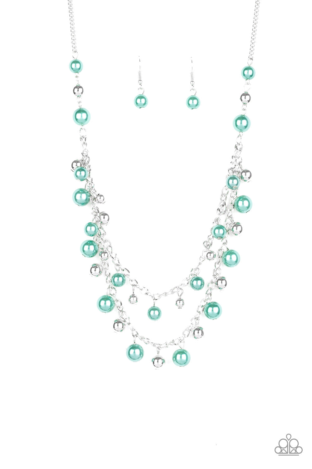Fantastic Flair - Green and Silver Necklace - Paparazzi Accessories - A refined collection of glistening silver and pearly green beads swing from the bottom of shimmery silver chains, creating glamorous layers below the collar. Features an adjustable clasp closure.