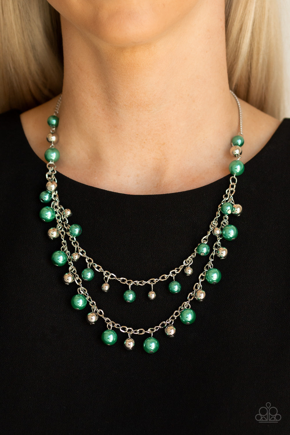 Fantastic Flair - Green and Silver Necklace - Paparazzi Accessories - A refined collection of glistening silver and pearly green beads swing from the bottom of shimmery silver chains, creating glamorous layers below the collar. Features an adjustable clasp closure. 