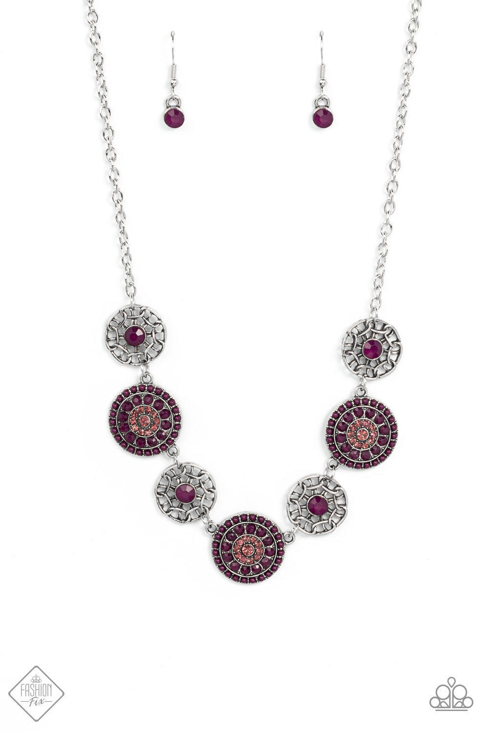 Farmers Market Fashionista - Purple - Plum - Amethyst Necklace and Earrings - Paparazzi Accessories - 
Bursts of faceted plum beads and sparkling light amethyst rhinestones radiate from the centers of antiqued silver frames, while smaller airy frames are dotted with plum centers. The whimsical designs alternate around the collar making a dazzling display. Features an adjustable clasp closure.
